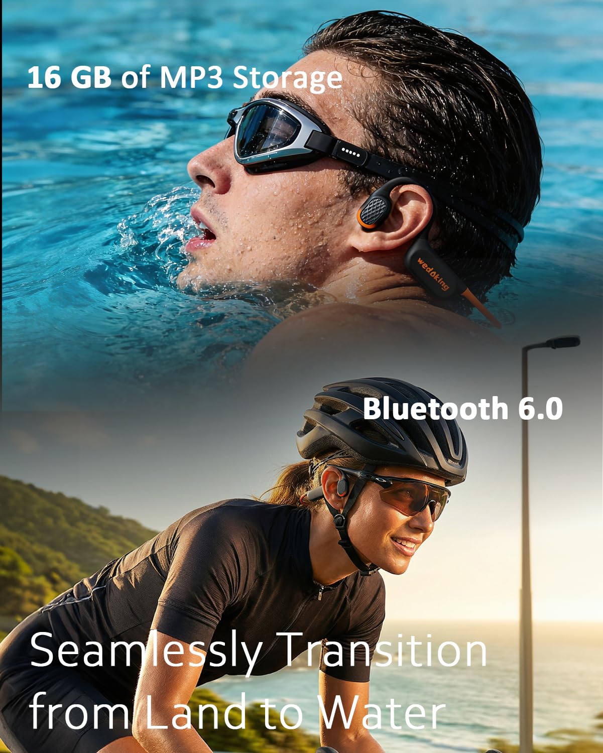 Wedoking Auriculares de natación con conducción ósea Bluetooth 6.0, reproductor de MP3 de 16 GB, impermeables, para surf, IPX8, auriculares inalámbricos deportivos con cancelación de ruido ENC, tiempo