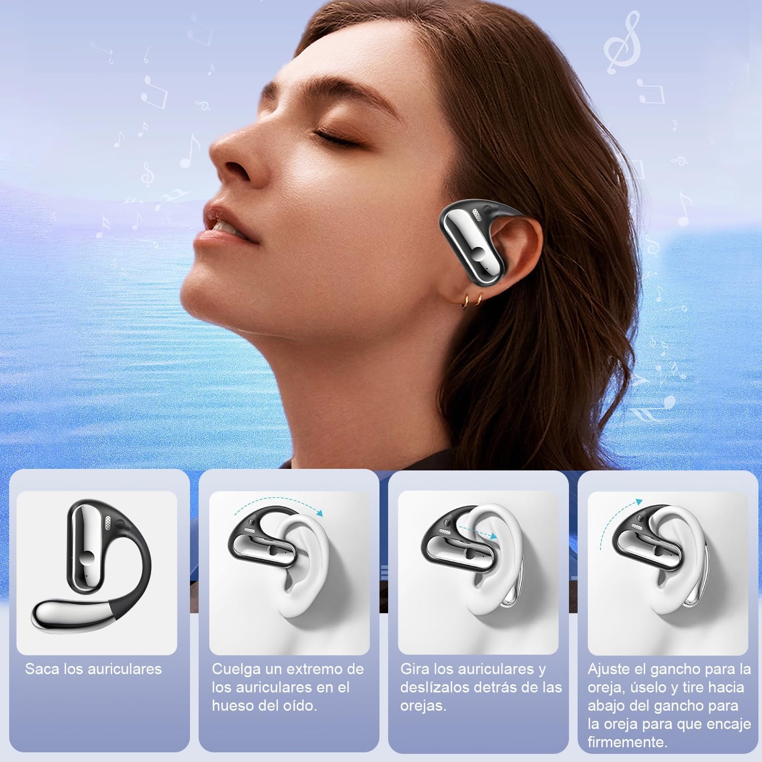 Auriculares Bluetooth 5.3 de Oído Abierto HiFi, Audífonos Open Ear Inalámbricos con Micrófono, Driver de 13 mm, Estuche de Carga LED 500mAh, Diseño Deportivo para Correr, Gimnasio, Android y iPhone