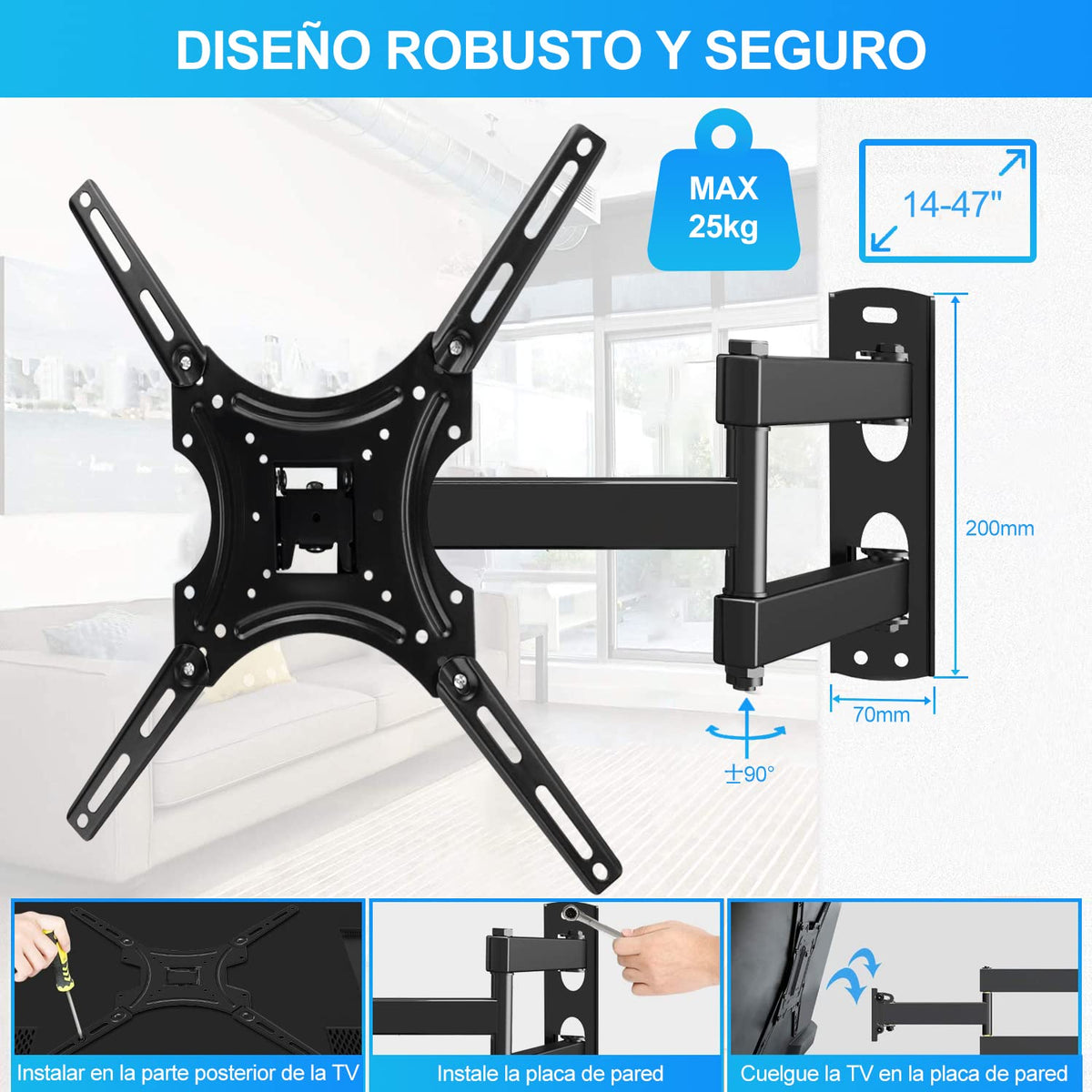 KAMYSEN 14" a 47" Soporte de TV ,Soporte de TV con Movilidad,3 Brazos Soporte de Pared para TV de Colgador,(VESA Máximo 400x400),Acero súper Reforzado para Pantallas de Cargas de 25kg, Pantallas LED, LCD, PDP y Smart TV