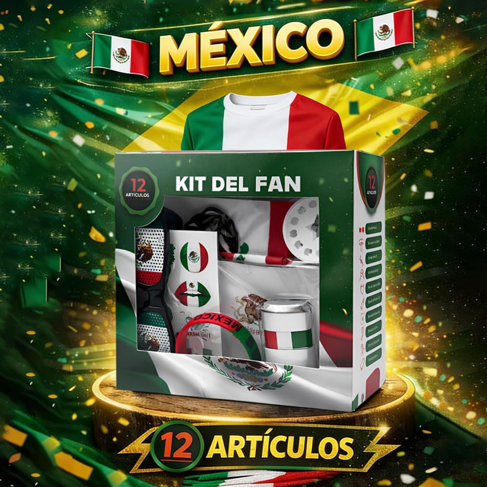 Kit Fan México 12PCS – Set de Fiesta Fútbol con Banderas, Bocina, Gafas, Pintura Facial y Pulseras, para Mundial 2026, Partidos de la Selección, Clásicos, Bares y Reuniones Familiares