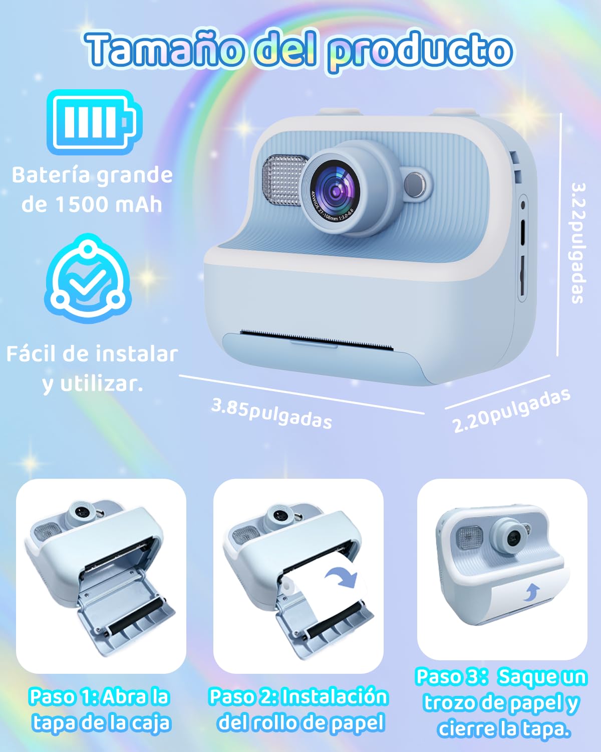 PTHTECHUS®Cámara Infantil, Cámara Instantánea Niños,cámara Digital Selfie y Video,Papel de impresión,Tarjeta SD 32 GB y 1080P impresión instantánea Regalos para niños de 3 a 12 años (Azul)