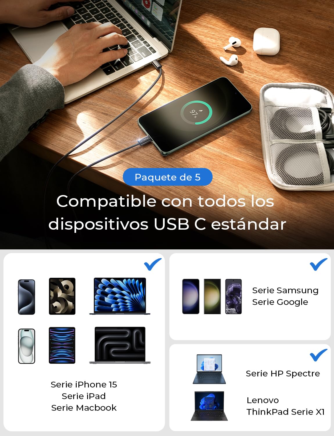 LISEN Cable USB C a USB C 5 Paquete [1M/1M/2M/2M/3M] Cable USBC Carga Rapida,60w Tipo-C a C Compatible Con Cargador TipoC iPhone 16 Pro Max Samsung S24 S23 Macbook, Xiaomi, Negro