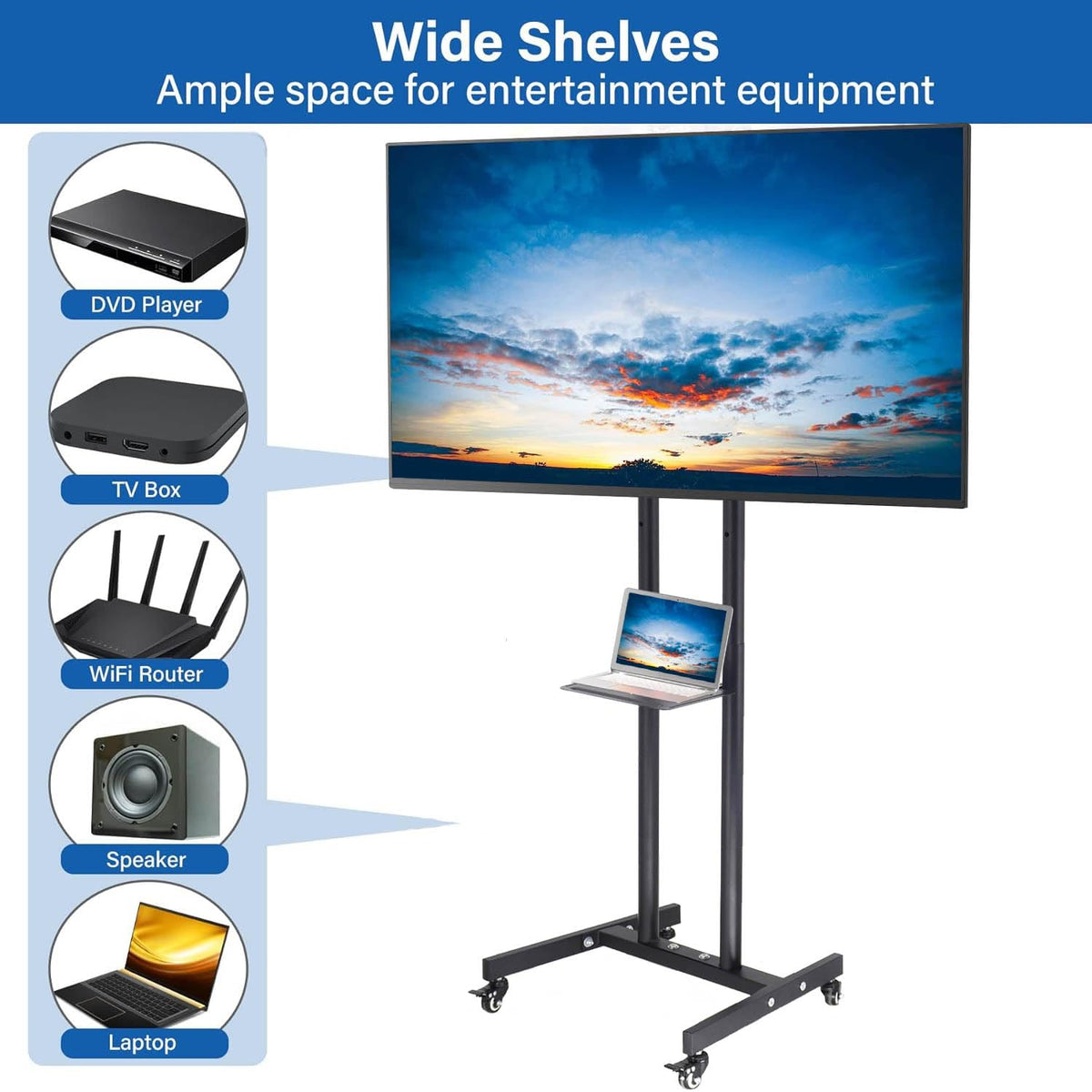 LETTURE Soporte TV Móvil con Ruedas para 32-55 Pulgadas LCD LED, Soporte TV Pie Ajustable en Altura con Estante, Carro TV Suelo Alto Portátil, MAX 25kg VESA 400x400mm