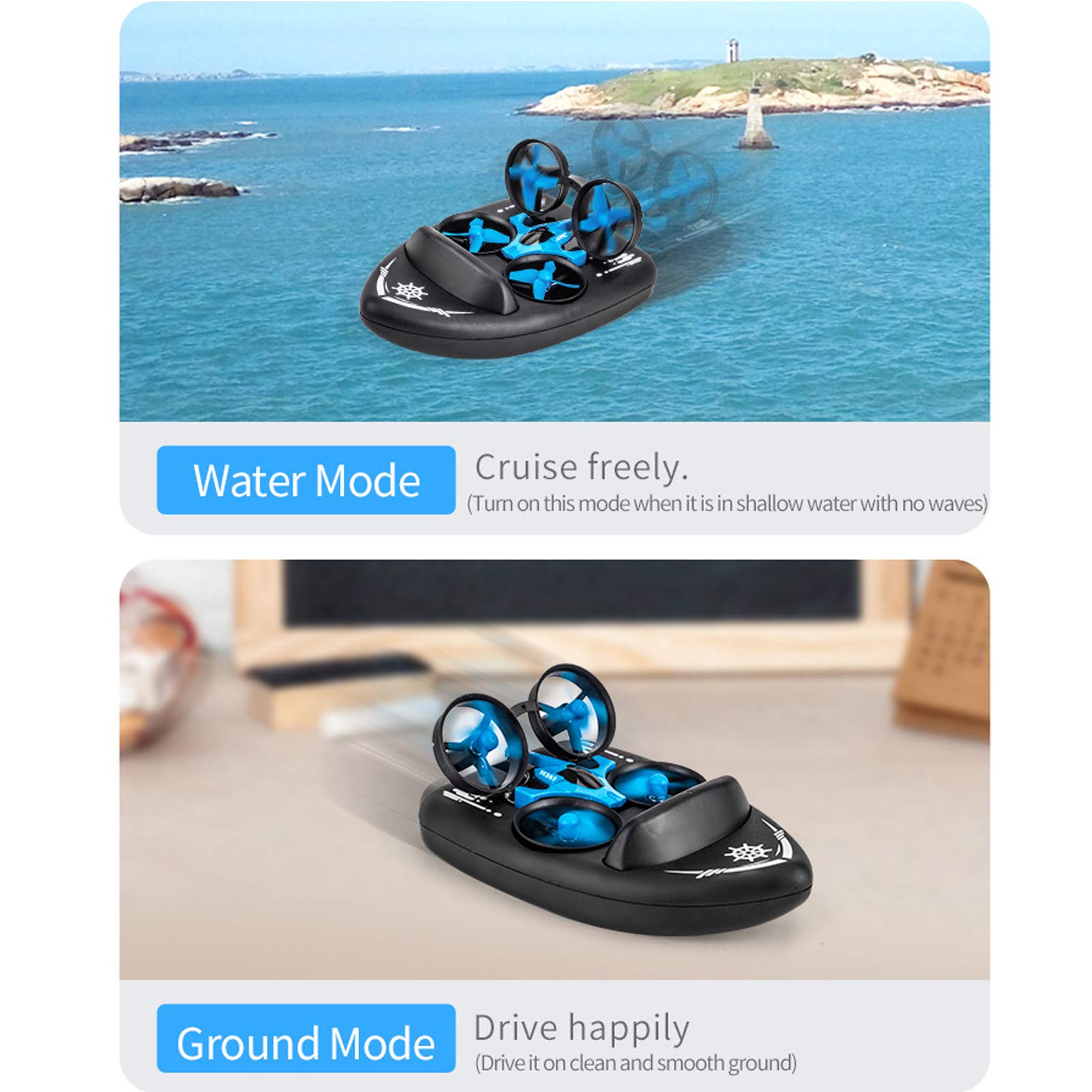 GOTOTOP - 3 en 1 RC Drone Mini RC Drone Juguete Flip Modo sin cabeza Tierra Agua Barco Eléctrico Control Remoto Niños Juguete