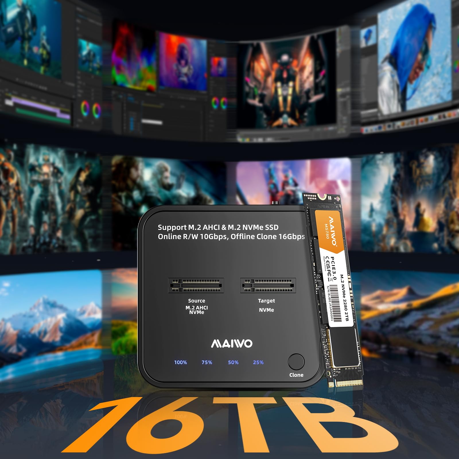 MAIWO Clonador NVMe Duplicador M.2 para PCIe NVMe M-Key SSD, Velocidad de Clonación de 16Gbps, Acceso a Dos SSD Simultáneamente, Estación de Acoplamiento de Unidades de Disco Duro de Doble Bahía con