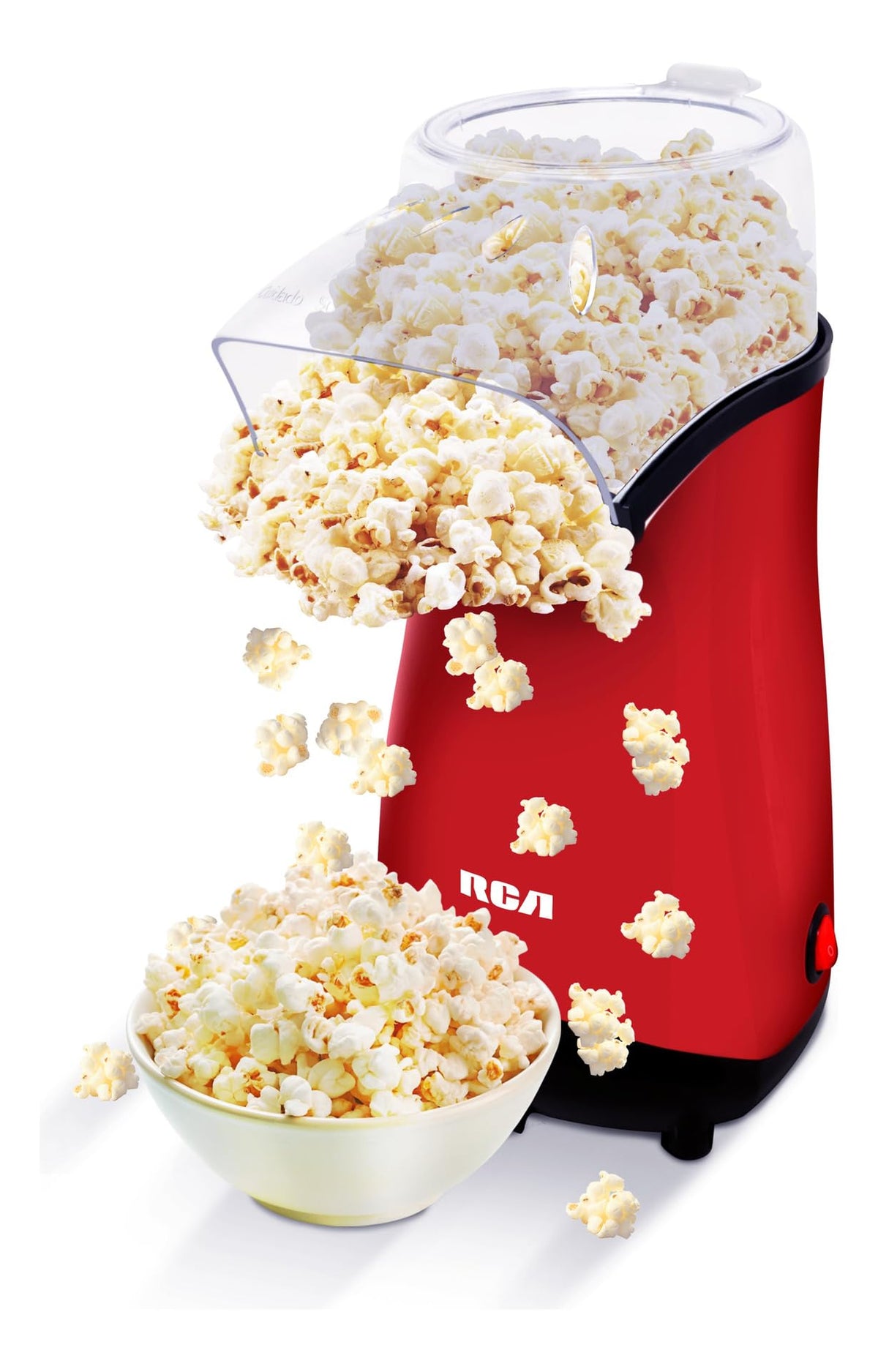 RCA Palomitero RC-1025, Tapa Medidora Incluida Estilo Compacto y Eléctrico, Funciona con Aire Caliente, Capacidad de 70 gr, Luz Indicadora, Ideal para Fiestas y Cine en Casa, Color Rojo y Negro