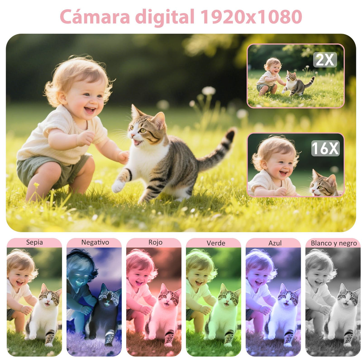 HeiLuon Cámara Digital FHD 1080P 50MP Vlogging con Tarjeta 64GB, Pantalla IPS de 2.4'', Zoom 16X, Anti-Shake y Disparo Continuo, Camara Fotografica Digicam Regalo para Niñas y Niños (Rosa)