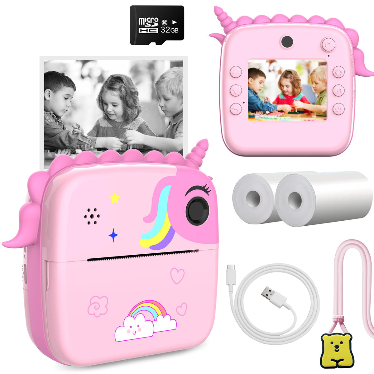HDMSYD Camara Fotos Infantil Instantanea, Cámara Infantil de impresión instantánea HD 1080P,Pantalla Ocular de 2.4 Pulgadas,con Tarjeta 32G y 2 Rollos de Papel térmico,El Mejor Regalo para niños.