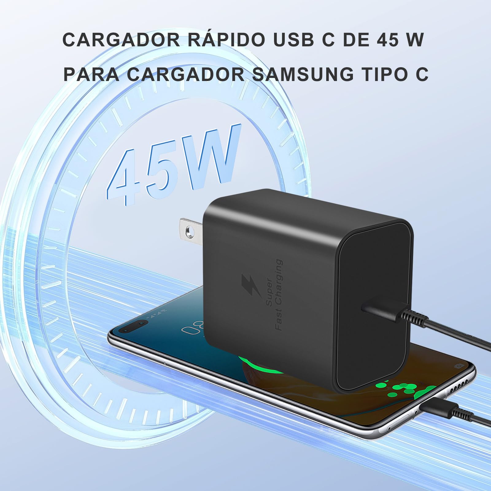 Cargador rápido USB C de 45 W para Cargador Samsung Tipo C, USB C Cargador de teléfono Android con 1.8M Cable Carga Rápida, para Galaxy S23 Ultra/S23/S23+/S22/S22+/Note10/Note20/S20/S21/S10 (Negro)