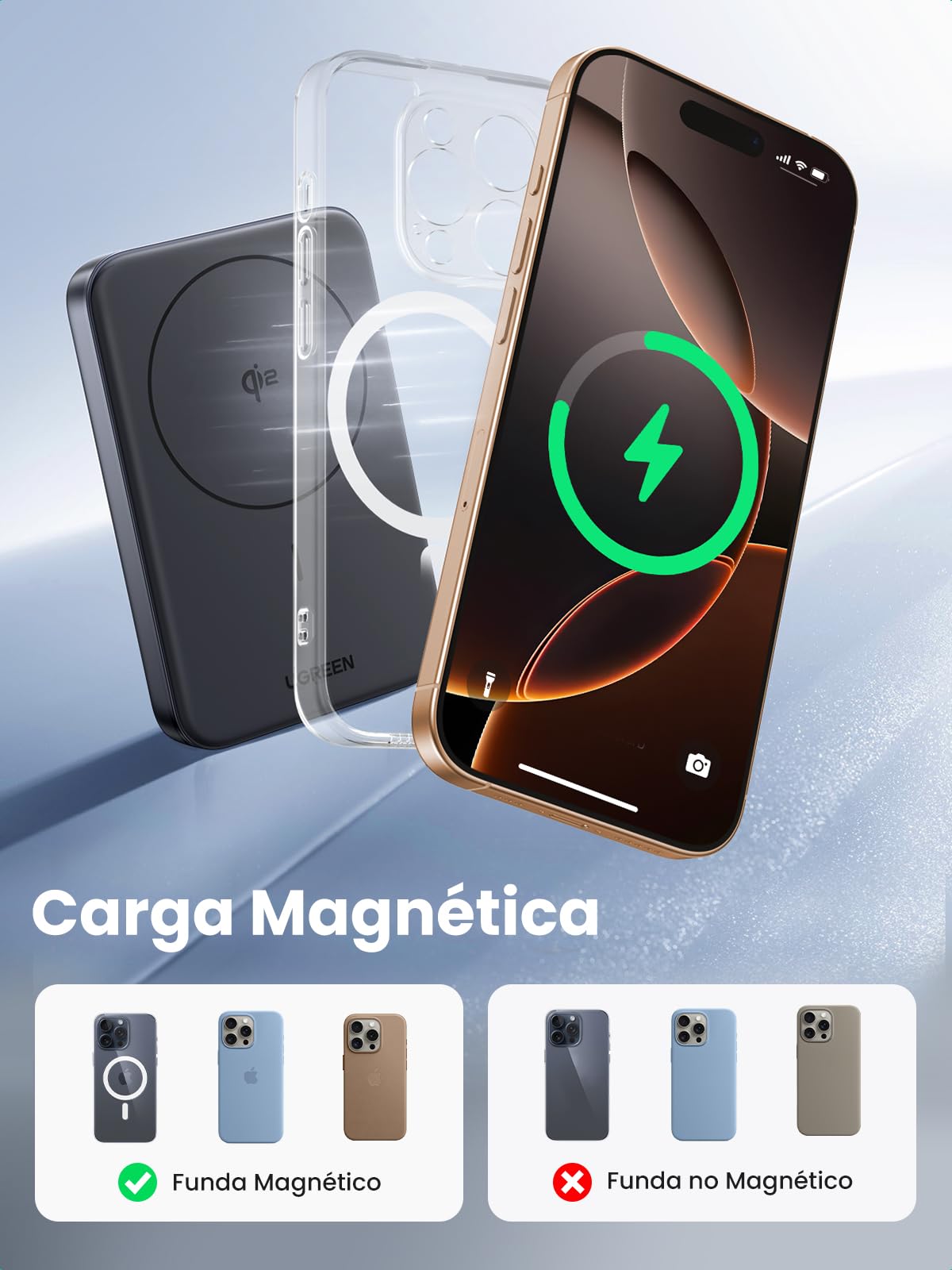 UGREEN 5000mAh Power Bank Inalámbrico 15W, USB C Cargador Portátil Magnético Carga Rápida, Powerbank Batería Externa Compatible con iPhone 16/15/14 Series, Galaxy, Xiaomi, iPad, Negro
