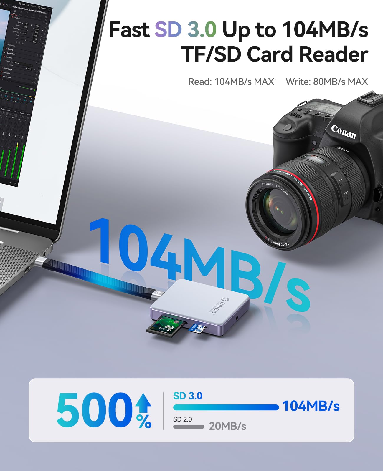 ORICO Carcasa magnética M.2 2230/2242 NVMe para SSD, grabación ProRes 4K, Lector de Tarjetas SD/TF, Puerto de Carga PD100W, Compatible con iPhone 15/16/17, portátil y Tableta (sin Disco Duro, Negro)
