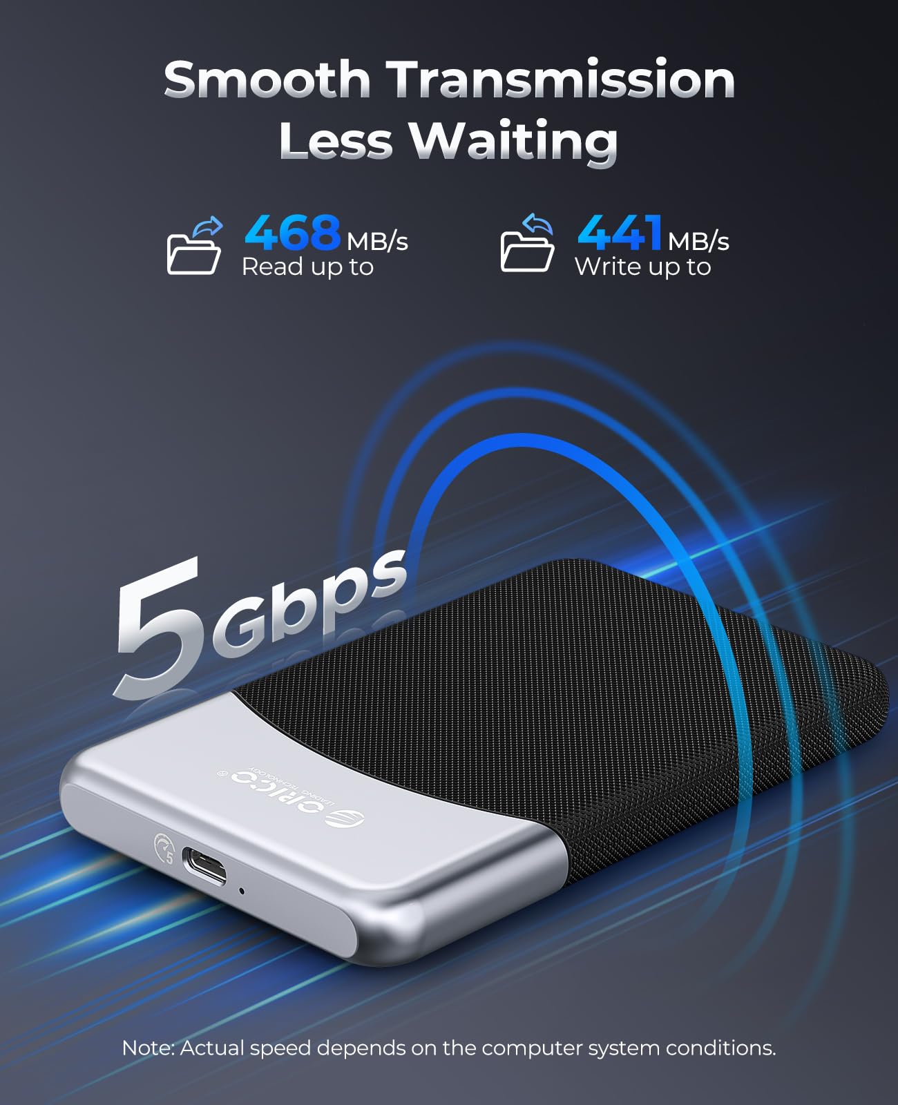 ORICO 512GB SSD externo con cable USB C 2 en 1, unidad de estado sólido portátil USB 3.2 Gen 1 hasta 460MB/s, resistencia al polvo y caídas, almacenamiento confiable para smartphone, PC, tableta