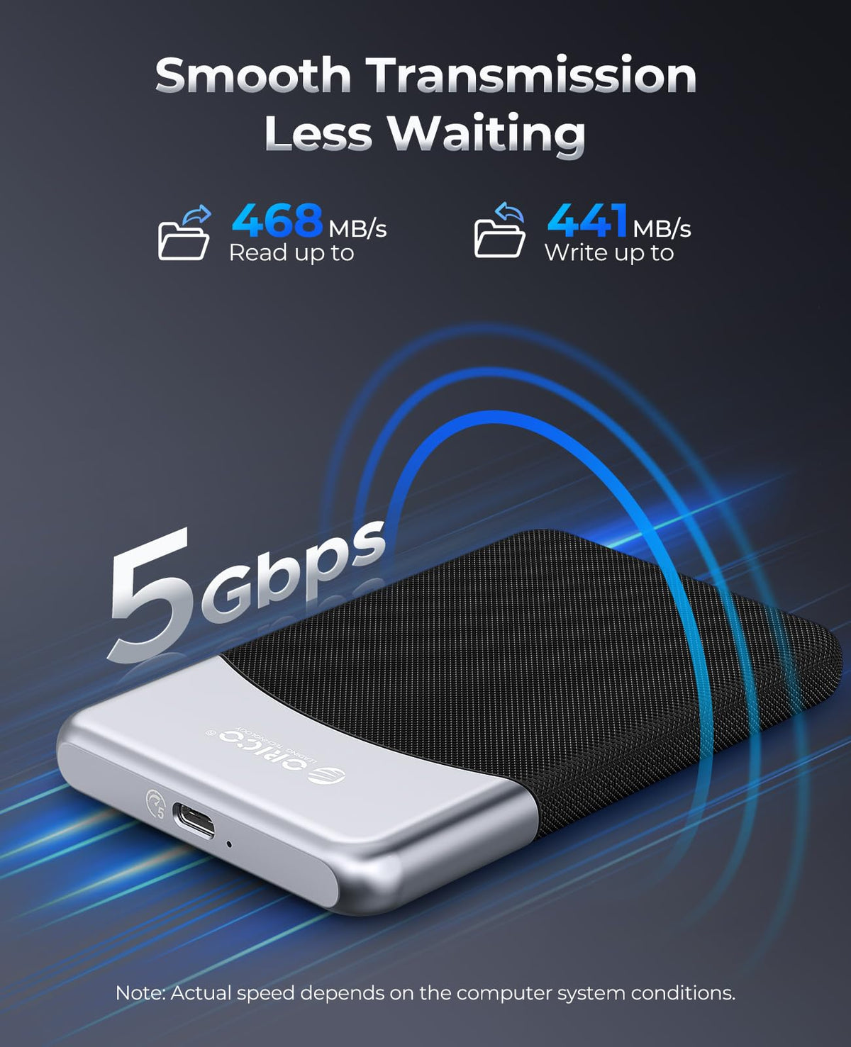 ORICO 512GB SSD externo con cable USB C 2 en 1, unidad de estado sólido portátil USB 3.2 Gen 1 hasta 460MB/s, resistencia al polvo y caídas, almacenamiento confiable para smartphone, PC, tableta