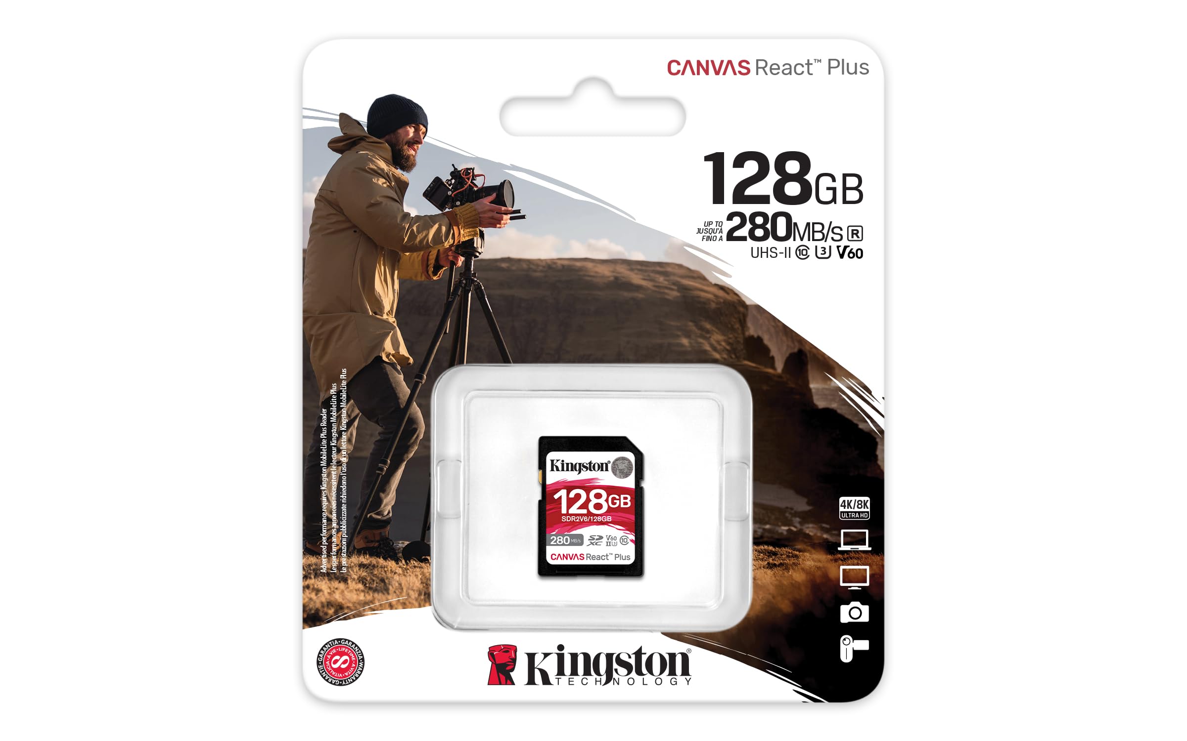 Kingston Tarjeta De Memoria SD, Canvas React Plus V60, Capacidad: 128GB, 4K, Clase 10, UHS-II, U3, V60, Lectura: 280MB/s y Escritura: 100MB/s, SKU: SDR2V6/128GB