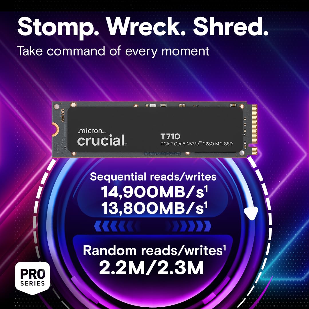 Crucial T710 SSD 4TB M.2 NVMe PCIe 5.0 x4 Gen5, hasta 14.500 MB/s de Lectura, 13.800 MB/s de Escritura, para Ordenador portátil y de Escritorio, TLC NAND, Disco Duro Interno - CT4000T710SSD8-01