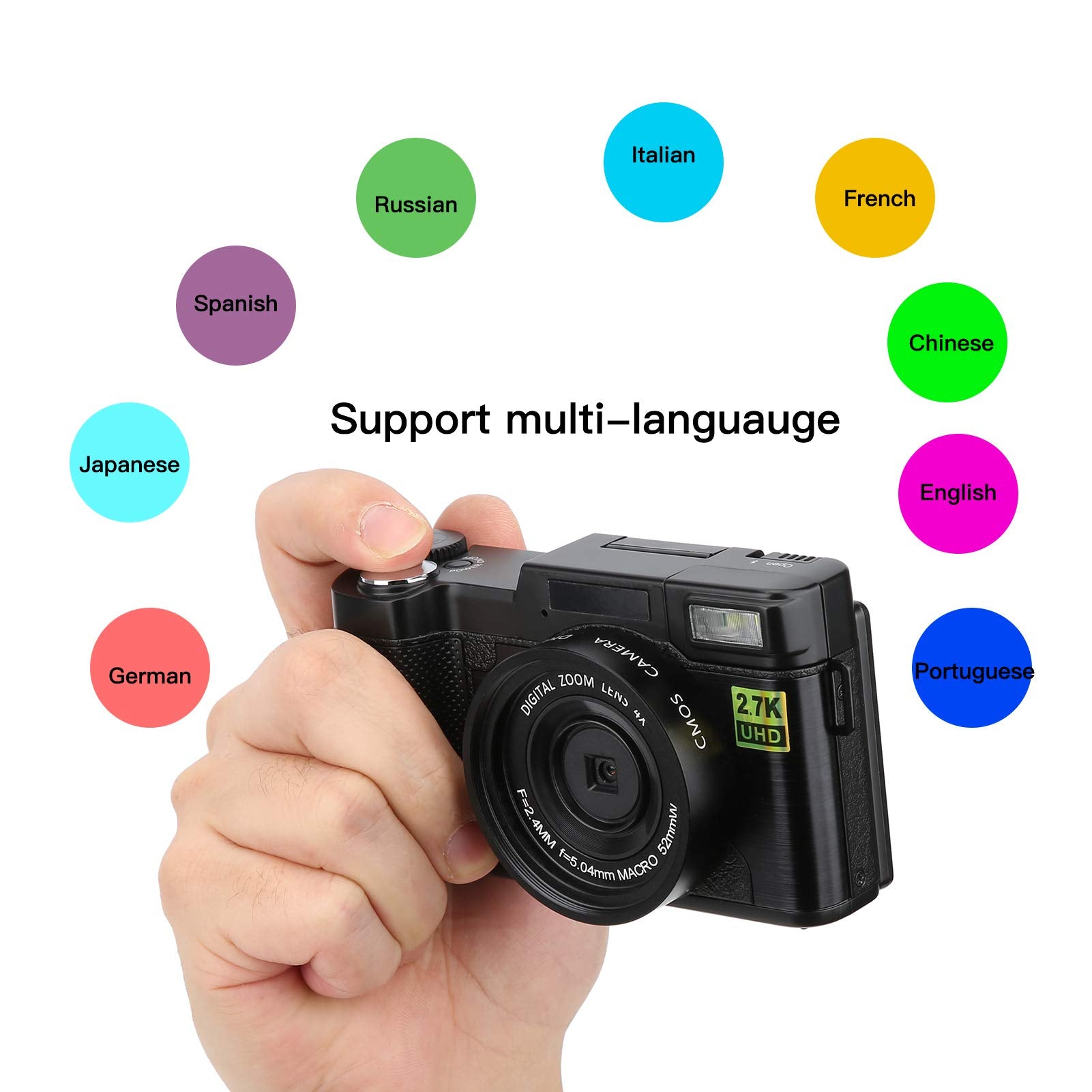 S erounder Cámara Digital SLR, Cámara Vlogging Full HD 2.7K, con Una Pantalla LCD Giratoria de 180 Grados y Giratoria de 3.0 Pulgadas, Cámara HD con Zoom de 48MP, Puerto USB, Batería de 800mAh