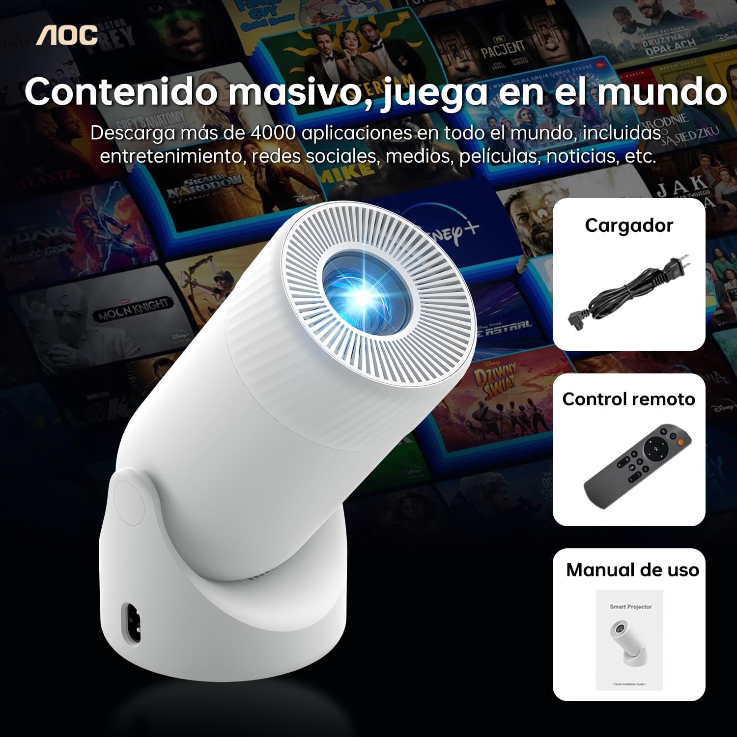 AOC Proyector portátil WiFi y Bluetooth, 4K Full HD, rotación de 180°, 8000 lúmenes, 220 ANSI, corrección Trapezoidal, para portátiles