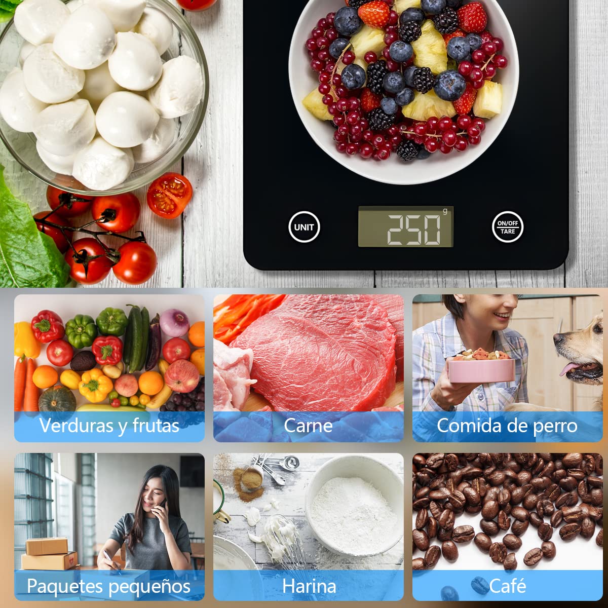 DAQI Báscula Digital de Cocina,Bascula de Comida Alimentos Multifunción 5kg/11lb con Superficie de Vidrio Templado y Pantalla LCD para Peso de Comida, Alta Precisión hasta 1g Balanza Cocina-Negro