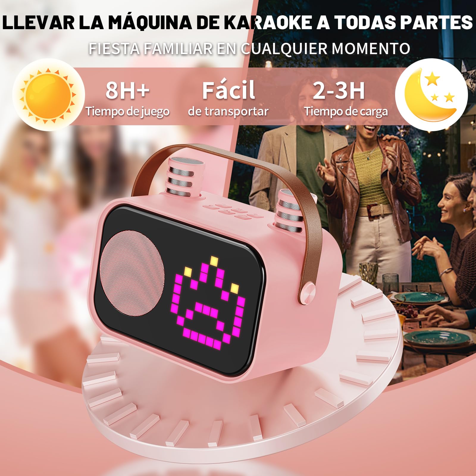 JYX D58 Máquina de Karaoke para Niños y Adultos, Mini Altavoz Portátil de Karaoke Bluetooth con 2 Micrófonos Inalámbricos (Rosa)