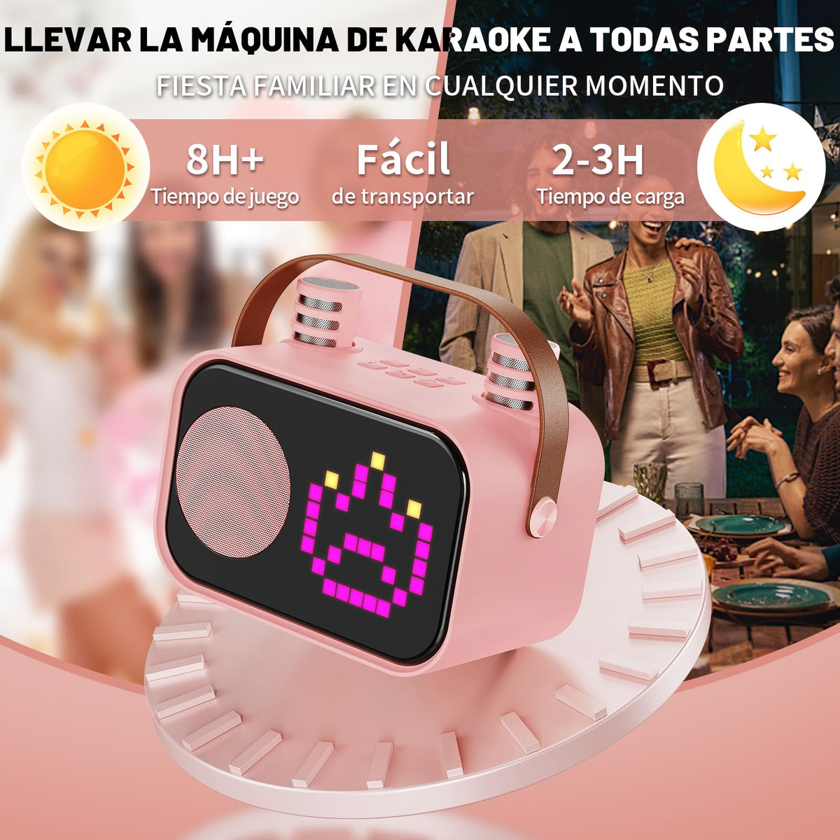 JYX D58 Máquina de Karaoke para Niños y Adultos, Mini Altavoz Portátil de Karaoke Bluetooth con 2 Micrófonos Inalámbricos (Rosa)