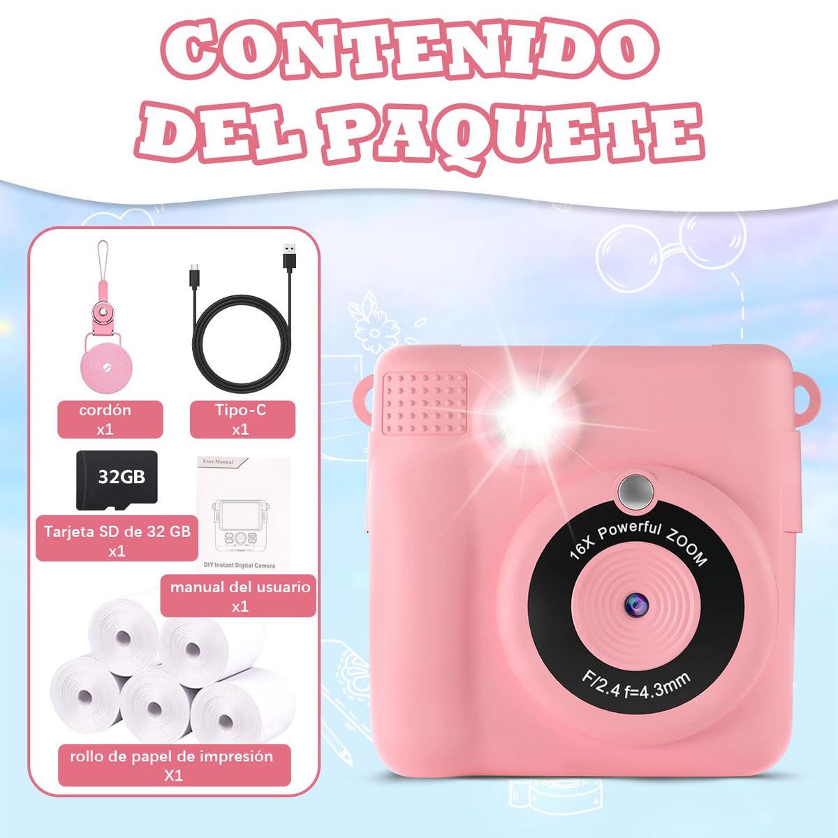 AWCBBT Cámara Instantánea para Niños de 1080P,Camara Fotografica Instanea,Camara Infantiles para Niñas con Tarjeta SD de 32 GB y 5 Vols Papel de Impresión,Cordón de Mano,Cable de Datos USBC(Rosa)