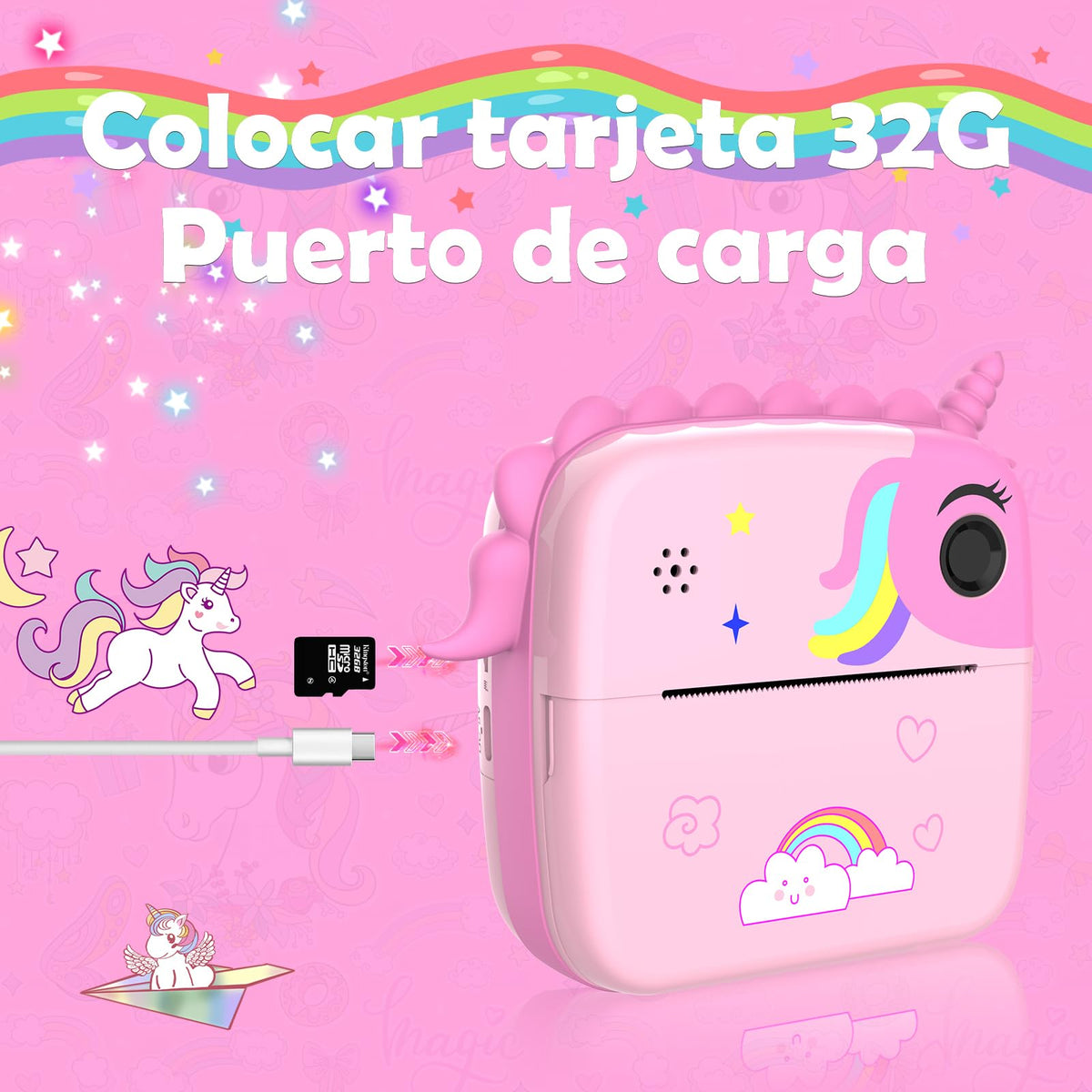 HDMSYD Camara Fotos Infantil Instantanea, Cámara Infantil de impresión instantánea HD 1080P,Pantalla Ocular de 2.4 Pulgadas,con Tarjeta 32G y 2 Rollos de Papel térmico,El Mejor Regalo para niños.