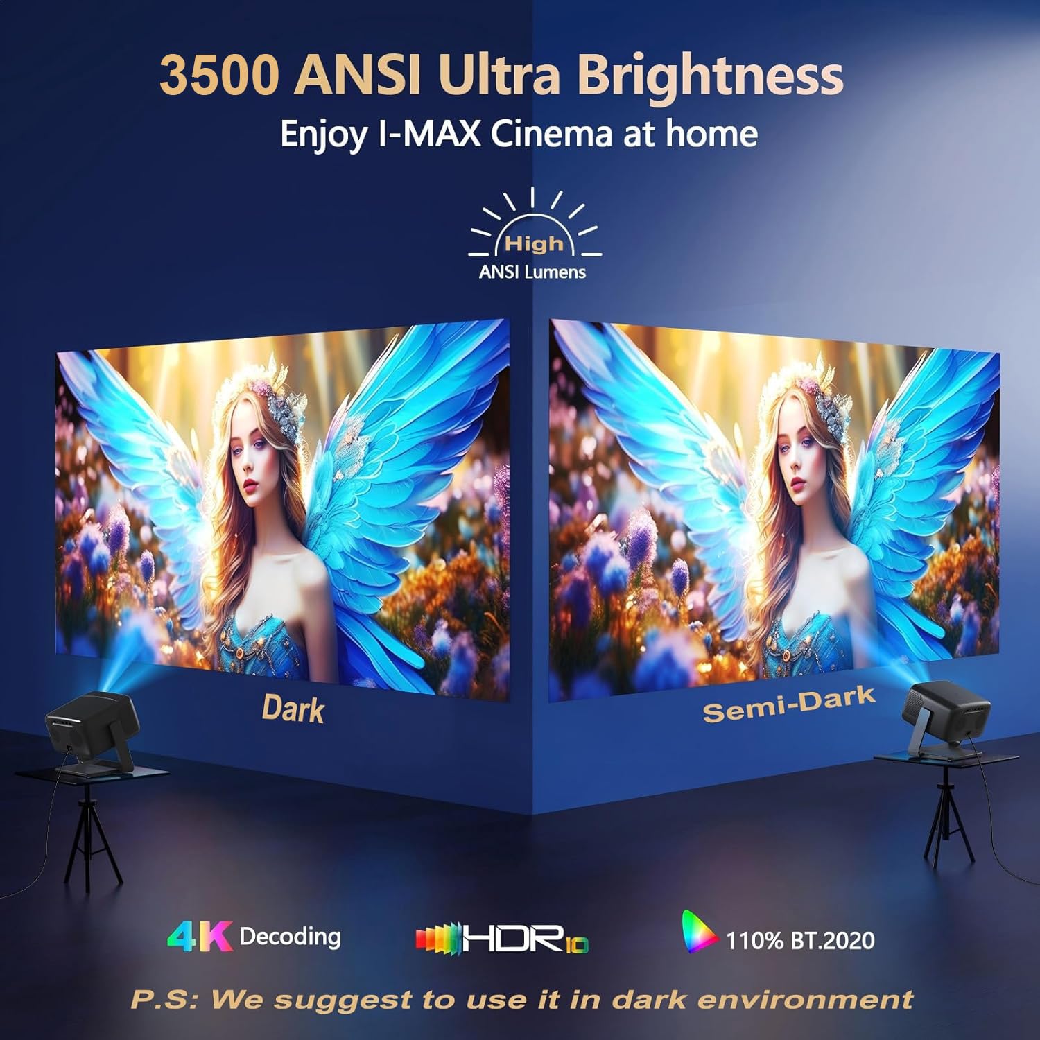 Proyector 4K al Aire Libre [3500 ANSI/ Aplicaciones Oficiales/ Audio de 65W] con WiFi y Bluetooth, Enfoque Automático, Keystone Automático Proyector Inteligente Soporte DoIby Audio, Proyector GO2 de