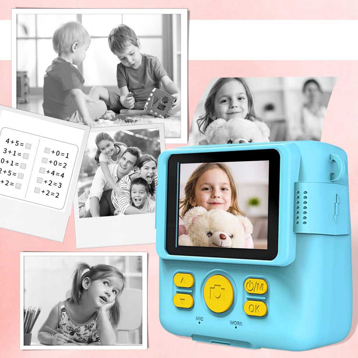 AWCBBT Cámara Instantánea para Niños de 1080P,Camara Fotografica Instanea,Camara Infantiles para Niñas con Tarjeta SD de 32 GB y 5 Vols Papel de Impresión,Cordón de Mano,Cable de Datos USBC(Azul)