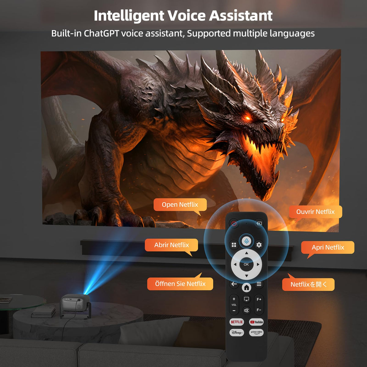 Bettdow Proyector Full HD 1080P con Licencia Oficial Netflix, Control por Voz AI, Altavoz Integrado, Compatible con PC Laptop TV Box PS4, Relación de Aspecto 16:9 – Ideal para Cine en Casa, Juegos