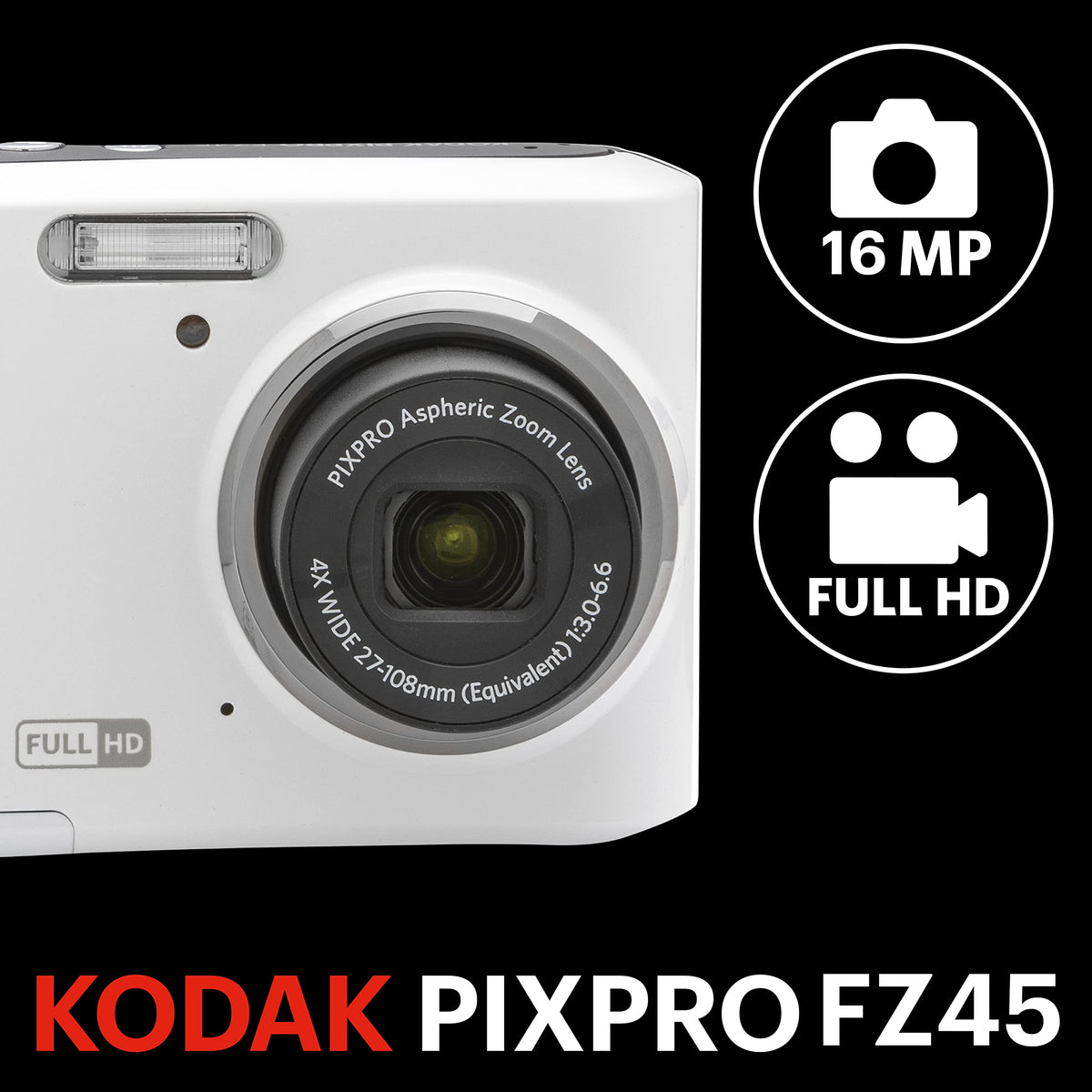 KODAK PIXPRO FZ45-WH - Cámara Digital de 16 MP, Zoom óptico de 27 mm, Gran Angular, 1080P, Full HD, Video, 2,7 Pulgadas, cámara de vlogging LCD (Blanco)