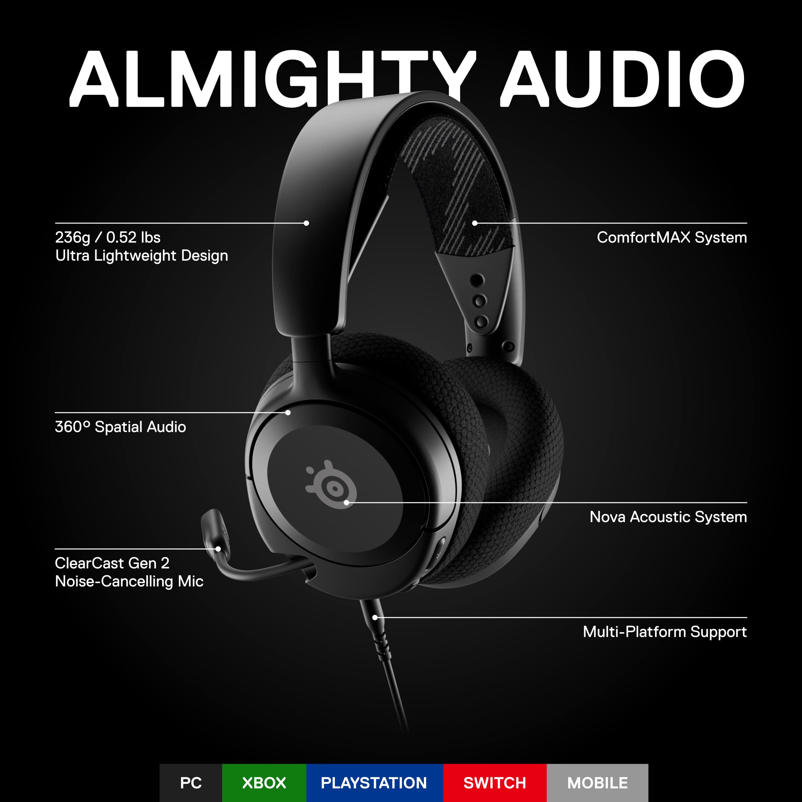 SteelSeries Auriculares para Juegos Arctis Nova 1 — Controladores de Alta Fidelidad — Audio Espacial de 360° — Micrófono con Cancelación de Ruido — PC, PS5/PS4, Switch, Xbox - Negro