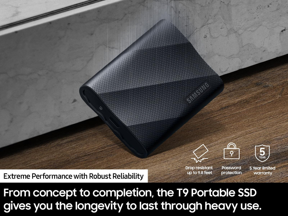 Samsung T9 1TB, SSD portátil, hasta 2000 MB/s, USB 3.2 Gen 2x2 (20 Gbps) NVMe, Resistente, para fotógrafos, Creadores de Contenido y Juegos, Unidad Externa de Estado sólido (MU-PG1T0B/AM)