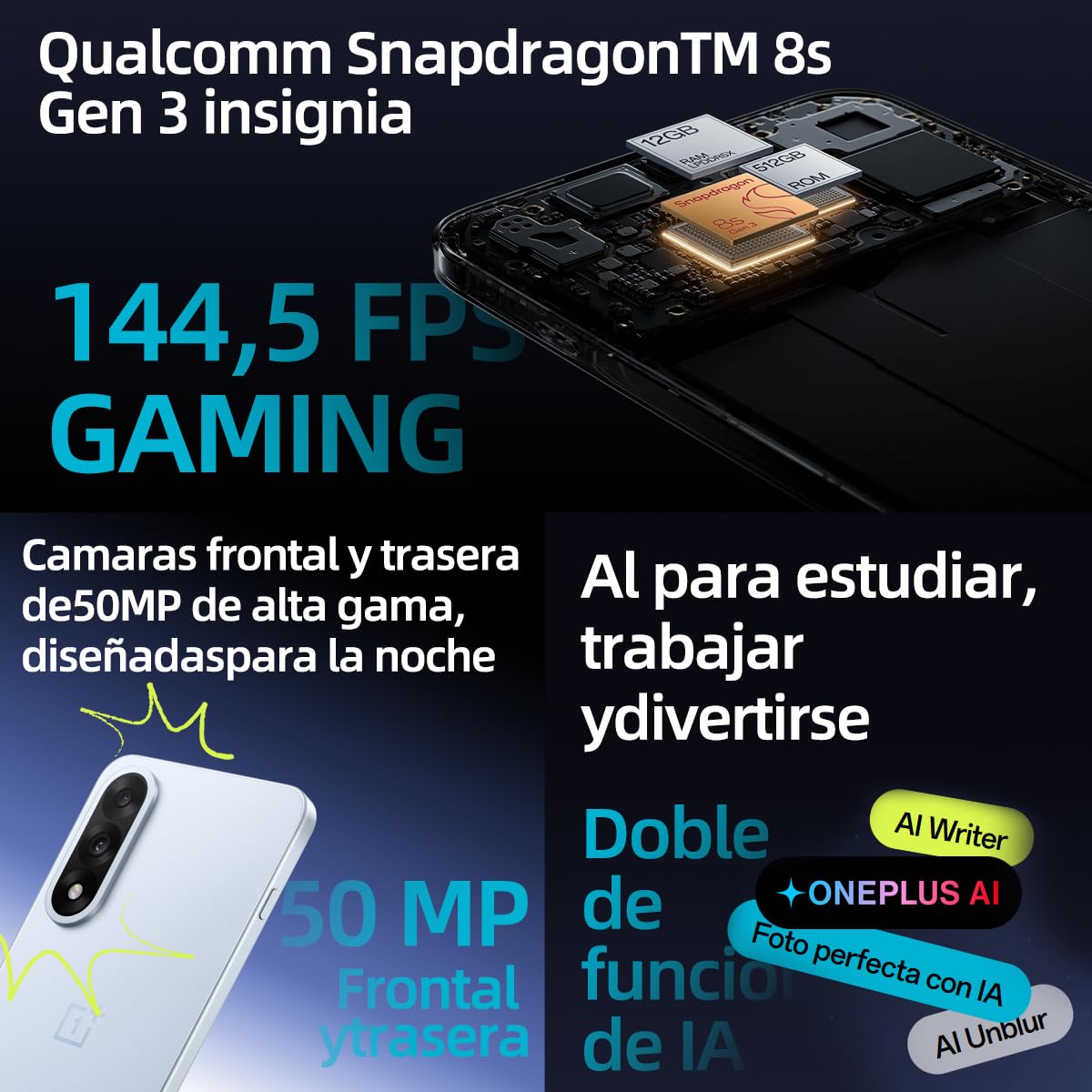 OnePlus Nord 5 5G Celular 512GB ROM 12GB RAM Dual SIM Qualcomm Snapdragon 8s Gen 3 Pantalla 6.83" AMOLED 1.5K 144hz NFC Doble Cámara 50MP IP65 Carga rápida de 80W Versión Global Negro