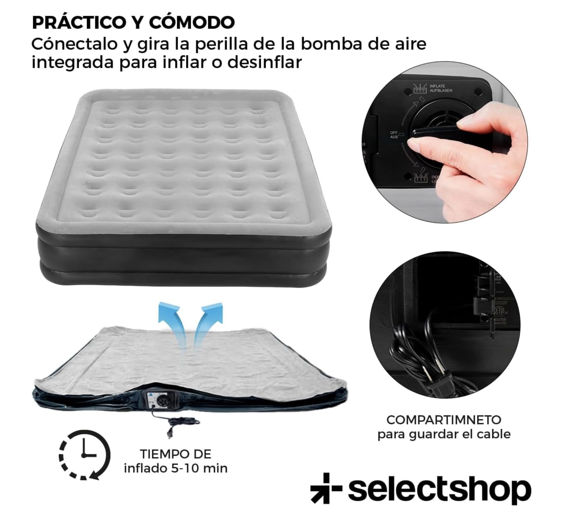 SELECTSHOP Colchón Inflable Queen Size con Bomba Incluida Cama Inflable para Camping Cama De Aire Elevada con Bomba Incluida Colchón Queen Size Inflable Duradero Resistente (Gris)