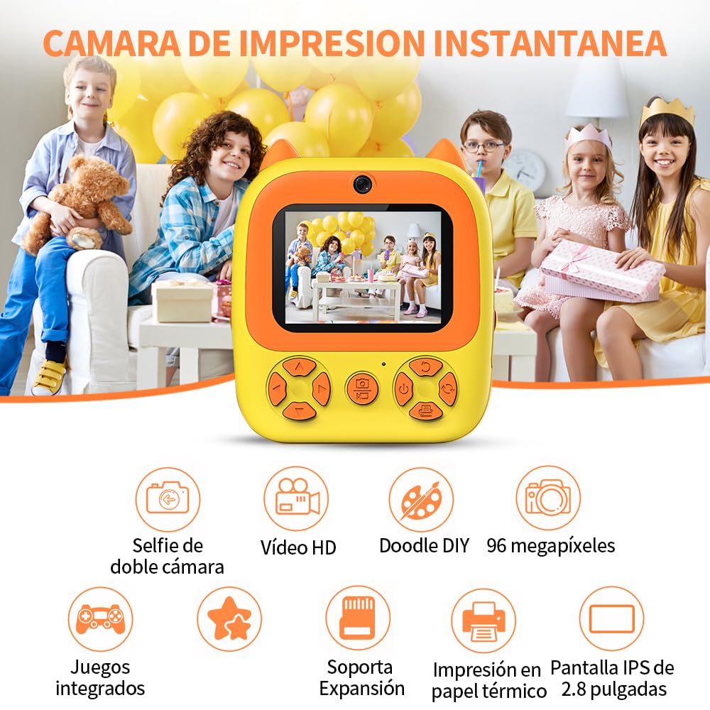 JESWO Cámara Infantil, Cámara Instantánea para Niños, Tarjeta SD de 32 GB Cámara de impresión instantánea para niños de 3 a 12 años