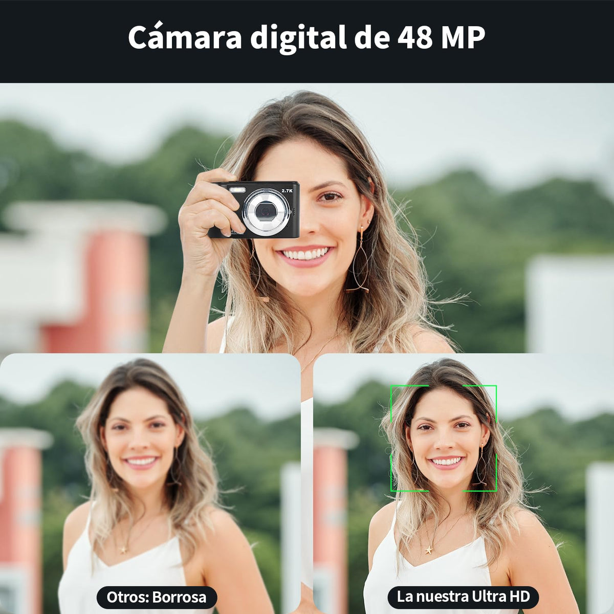 vantisan Cámara Digital, HD 1080P 48MP Cámara Vlogging, Cámara de Video con Tarjeta 32GB, Enfoque Automático con Zoom 8X, Disparo Continuo, Pantalla IPS de 2.4'', Mini Cámara para Niños y Niñas