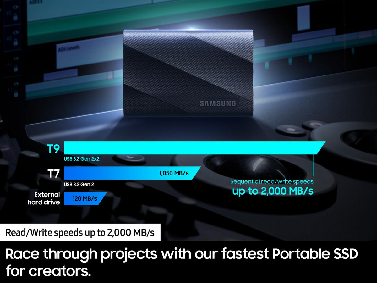 Samsung T9 1TB, SSD portátil, hasta 2000 MB/s, USB 3.2 Gen 2x2 (20 Gbps) NVMe, Resistente, para fotógrafos, Creadores de Contenido y Juegos, Unidad Externa de Estado sólido (MU-PG1T0B/AM)
