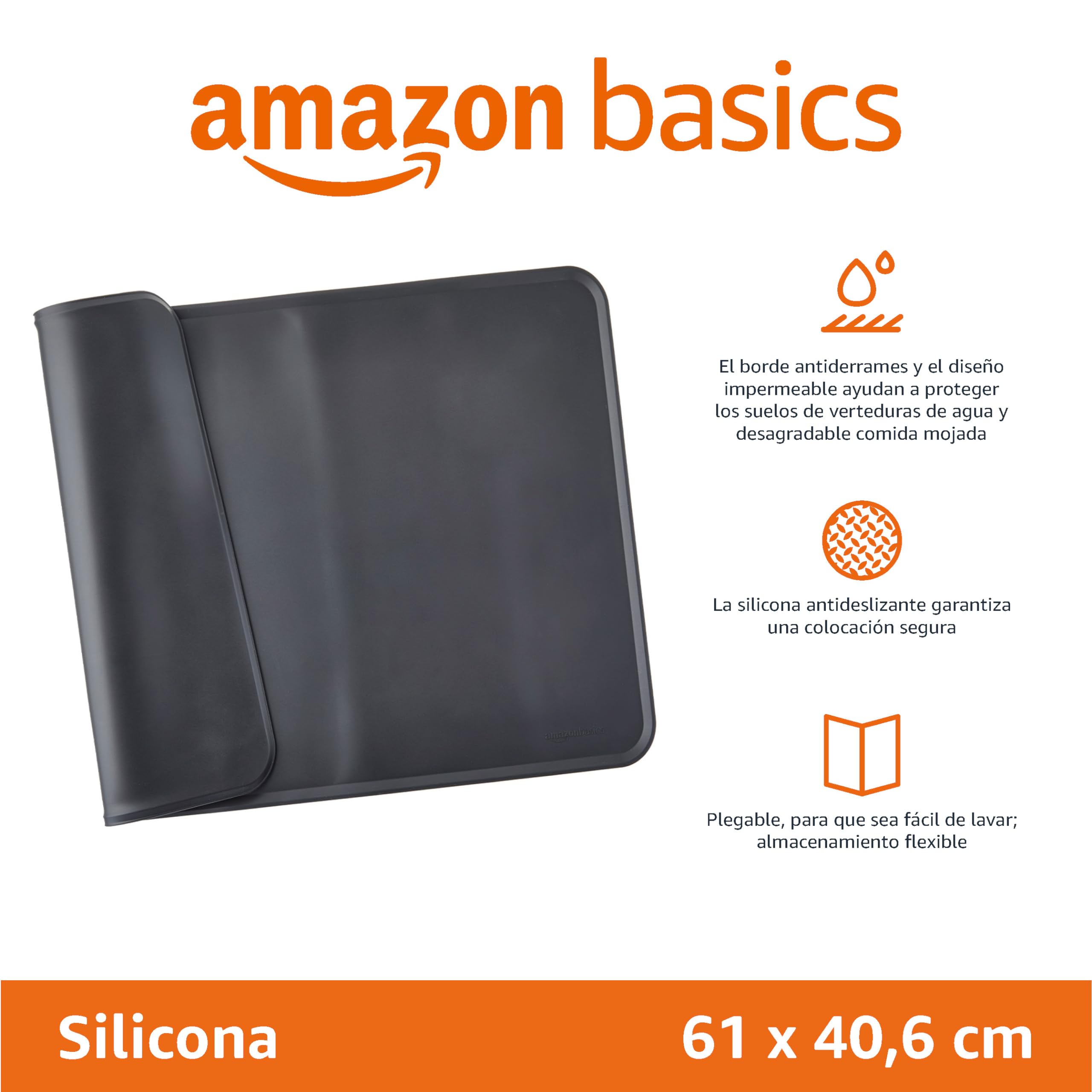 Amazon Basics Alfombrilla impermeable de silicona antideslizante para gatos y perros con bordes elevados para alimentos y agua, para proteger el suelo, 60.9 x 40.6 cm negro liso