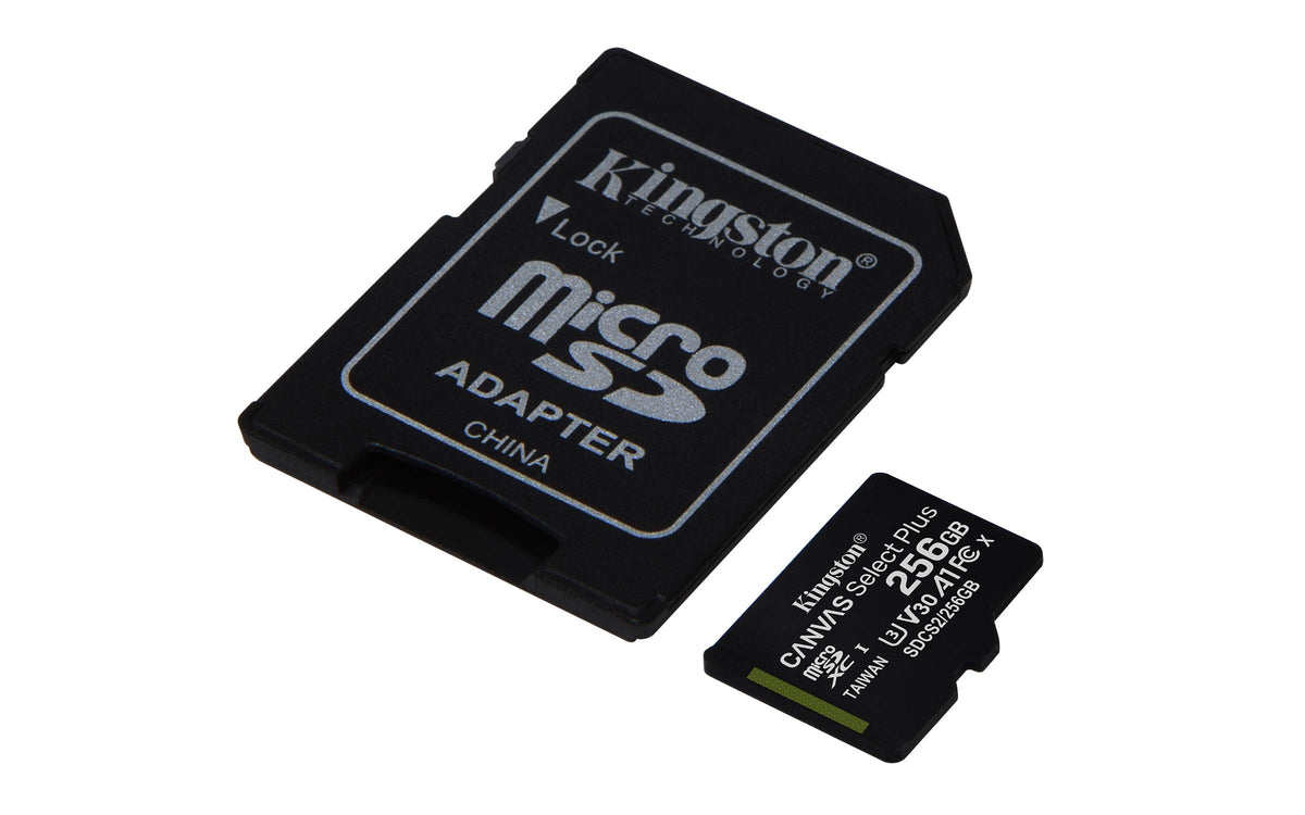 Kingston MicroSDXC Select Plus 256GB (Con Adaptador a SD) Clase 10, UHS-I, U3, V30 Lectura: 100MB/s y Escritura: 85MB/s (SDCS2/256GB)