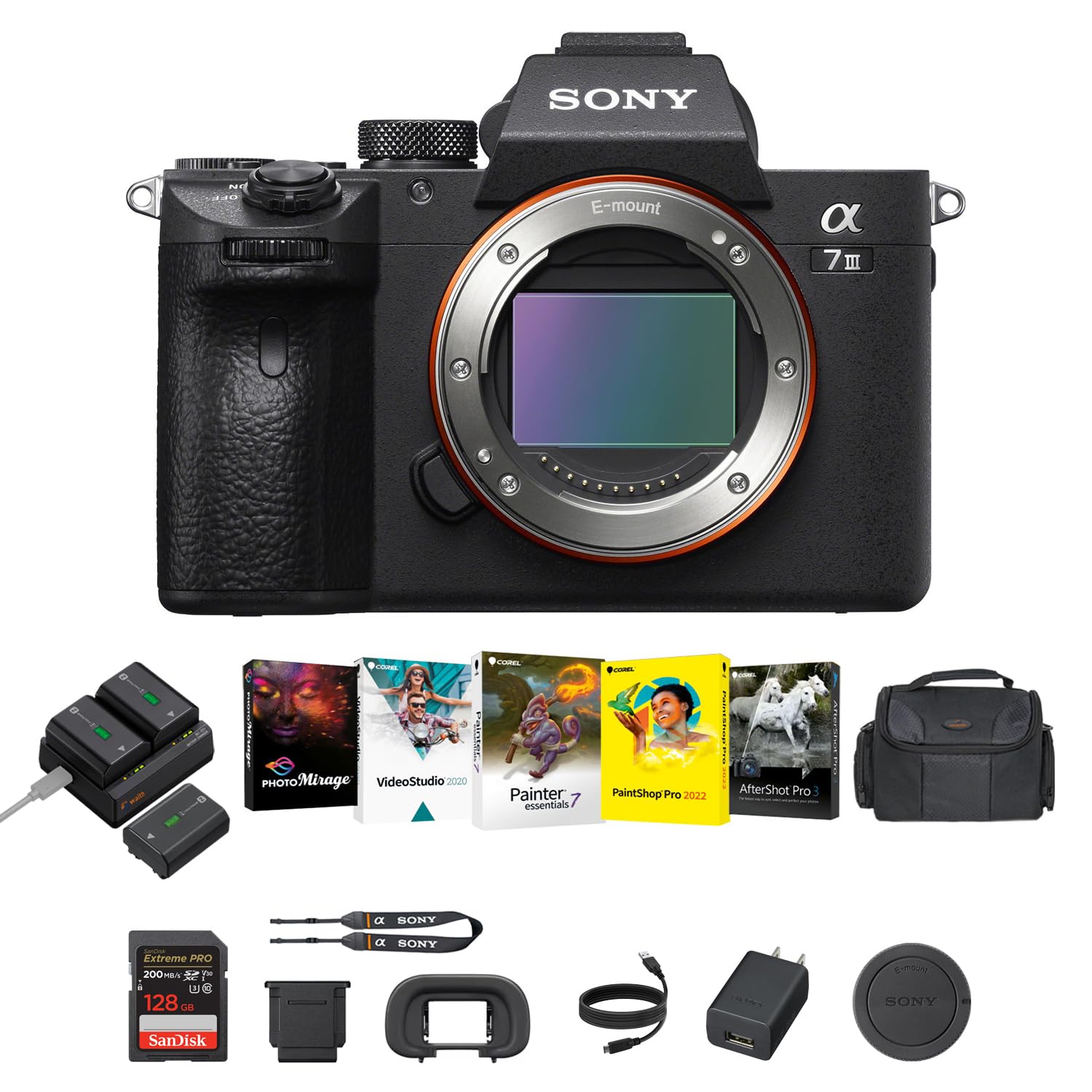 Sony a7 III Cámara sin espejo (negro) – Cámara digital de fotograma completo de 24 MP con baterías y kit de cargador dual, kit de software Corel, tarjeta de memoria SDXC de 128 GB y bolsa DSLR grande