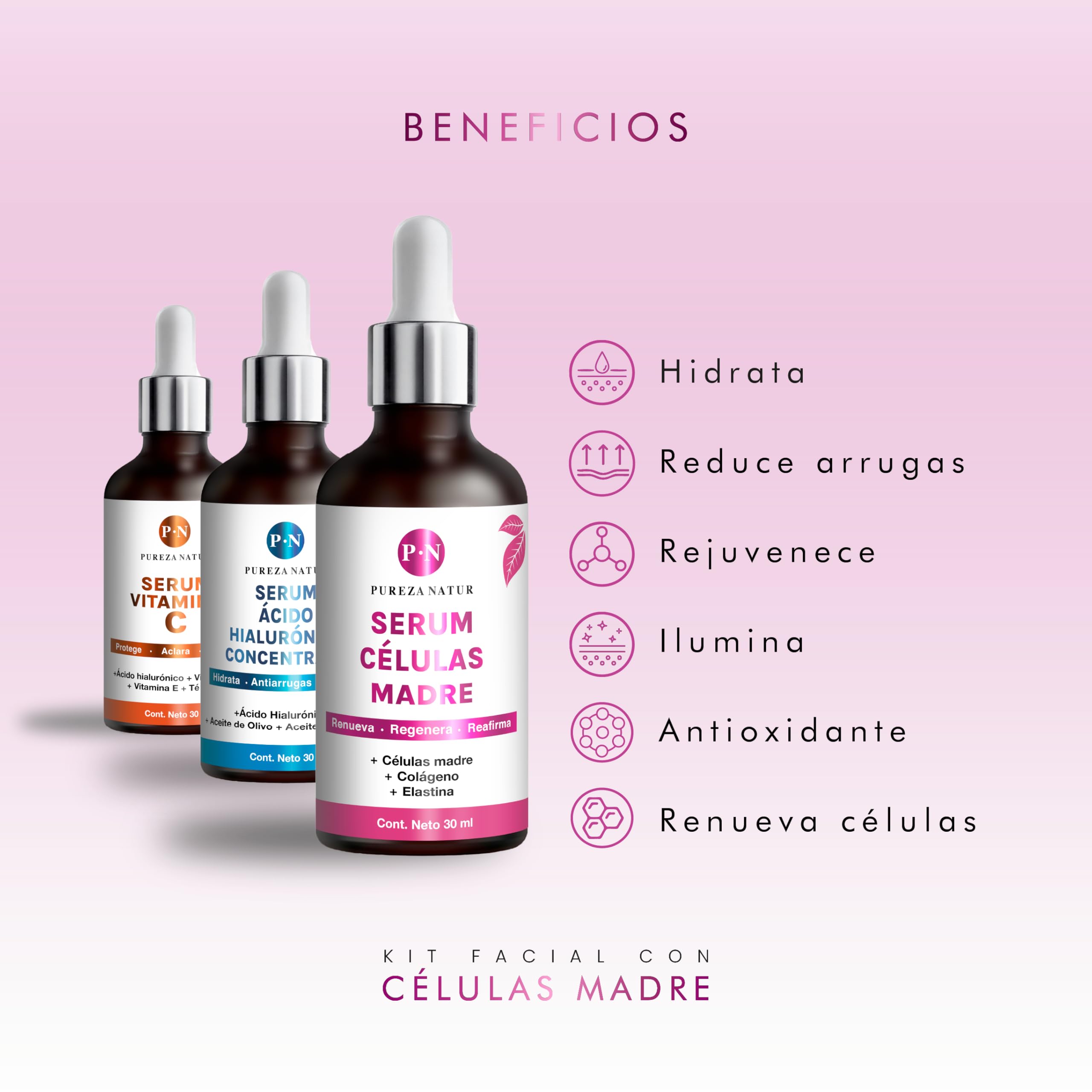 Kit Serum facial Acido Hialurónico, Vitamina C y Células Madre anti edad | Paquete completo de serum para el cuidado de la piel, hidratación y rejuvenecimiento (Kit AH + Celulas madre + Vit C)