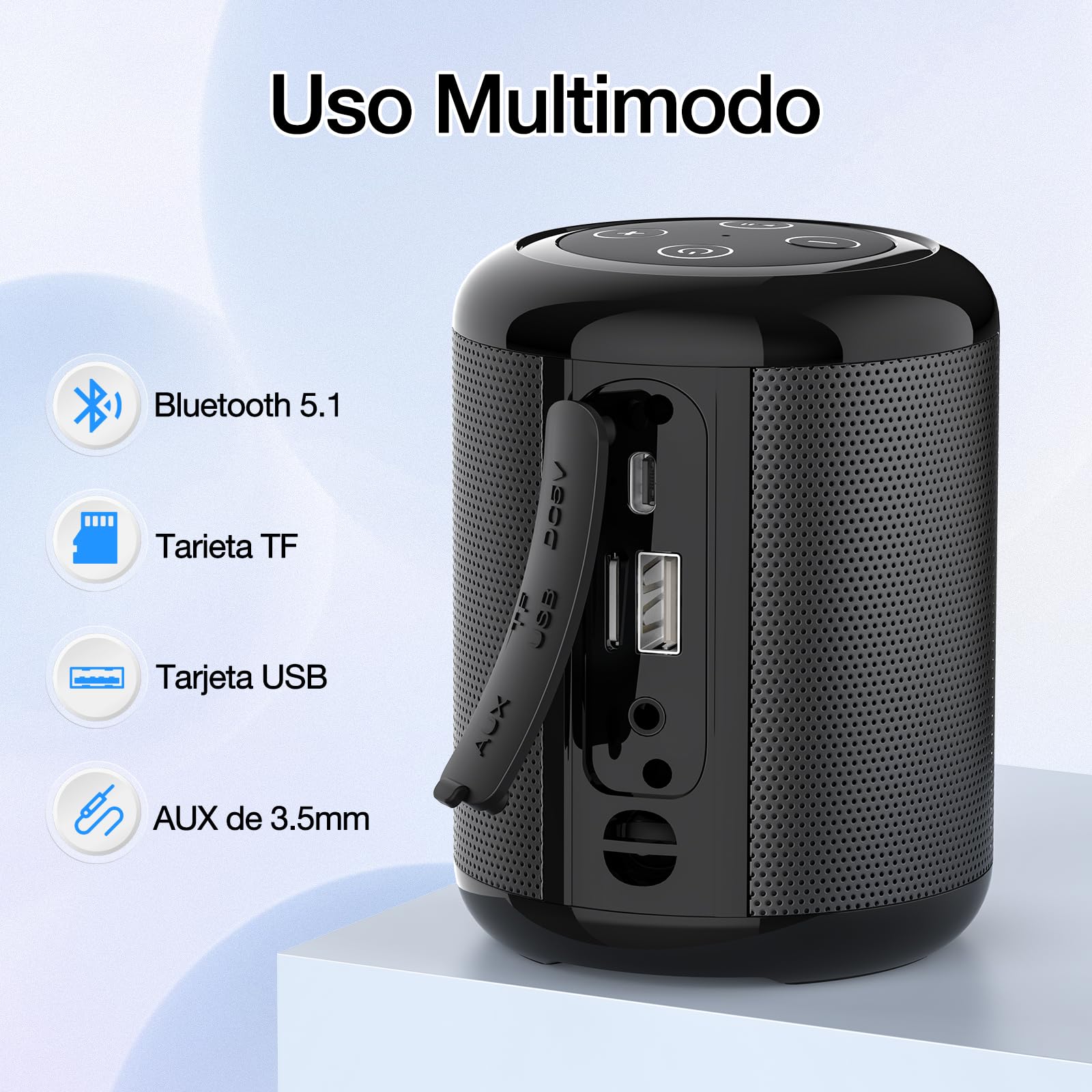 1 Hora Bocina Bluetooth Portatil 5W, Mini Altavoz Inalámbrico con Manos Libres/Micro USB/Radio FM/TF, Compatible con Phone, Tablet, Computadores, Ideal para Viajar, Campear, Negro