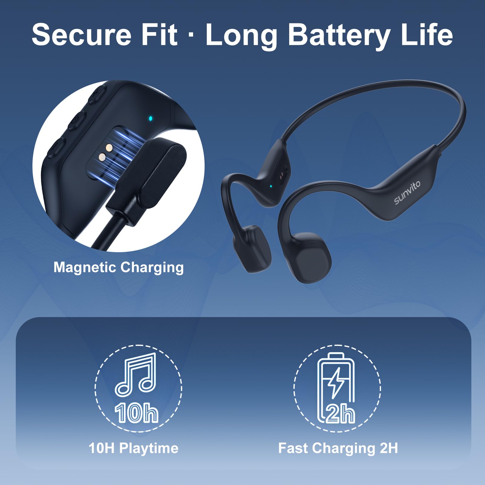 sunvito Audífonos de Conducción Ósea, Auriculares Inalámbricos Open-Ear Bluetooth 6.0 Deportivos con Micrófono, IPX6 Impermeable, 10H de Batería, para Correr y Ciclismo