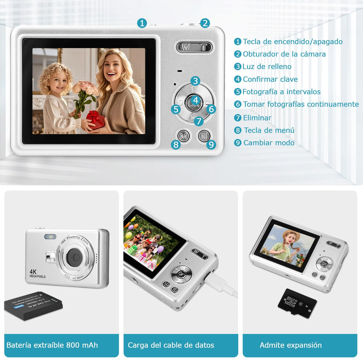 KOZFULE Cámara Digital, HD 1080P 50MP Vlogging, Camara Fotografica con Tarjeta 32GB, Enfoque Automático con Zoom 16X, Disparo Continuo, Pantalla IPS de 2.4'', Camara Regalo para Niños y Niñas