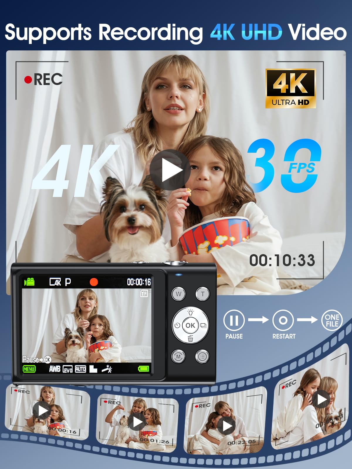 Cámara digital, enfoque automático 4K Vlogging Cámara para fotografía con tarjeta de 32 GB, cámara digital portátil compacta de 48 MP para adolescentes y adultos principiantes con zoom de 16X,