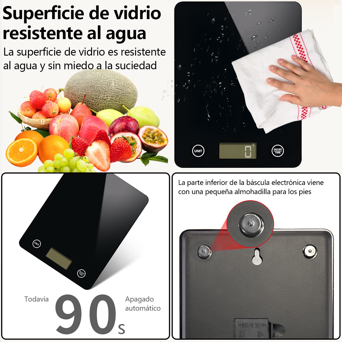 DAQI Báscula Digital de Cocina,Bascula de Comida Alimentos Multifunción 5kg/11lb con Superficie de Vidrio Templado y Pantalla LCD para Peso de Comida, Alta Precisión hasta 1g Balanza Cocina-Negro