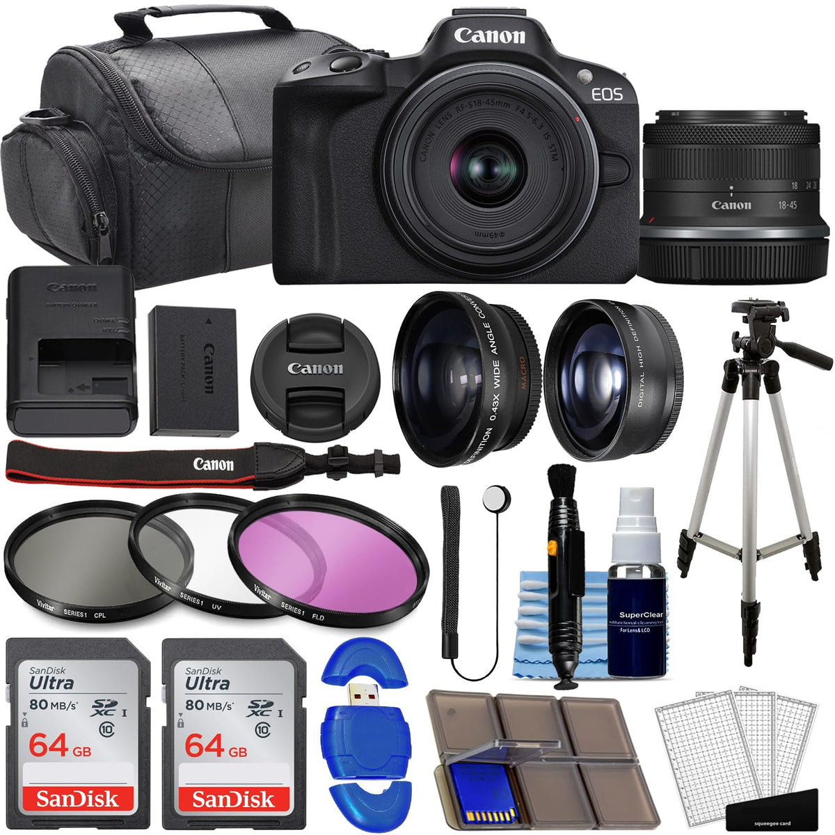 Canon EOS R50 Cámara Digital Sin Espejo, Negro, con Canon RF-S 18-45mm f/4.5-6.3 IS STM Lens, Kit de 39 Piezas (Paquete de 39)