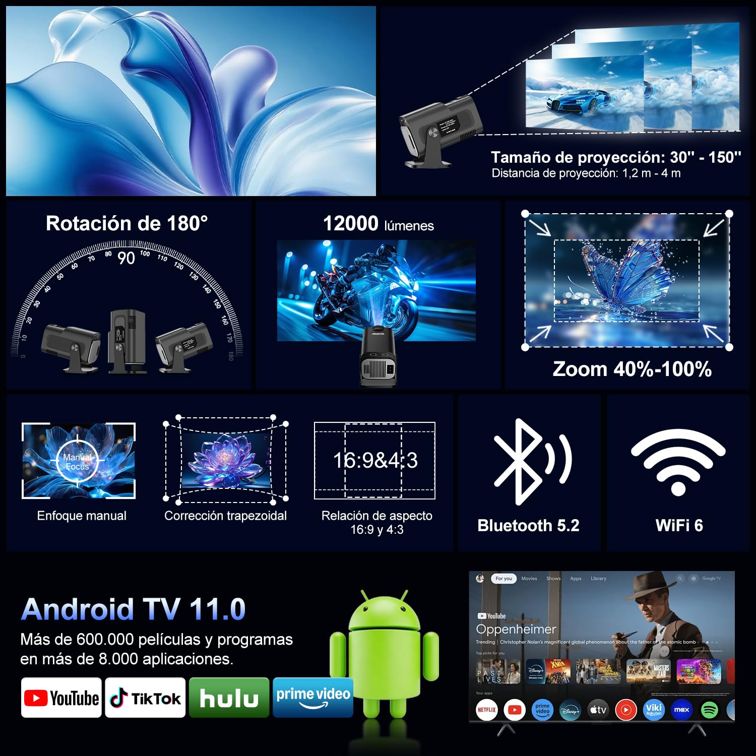 Salange Proyector Portátil, Mini Proyector 4K Soporte, Smart Proyectores Android Inteligente para Exterior/Cine en Casa, WiFi 6 y Bluetooth 5.2, Auto Keystone, Compatible con iOS/Android/PC/PS (Negro)