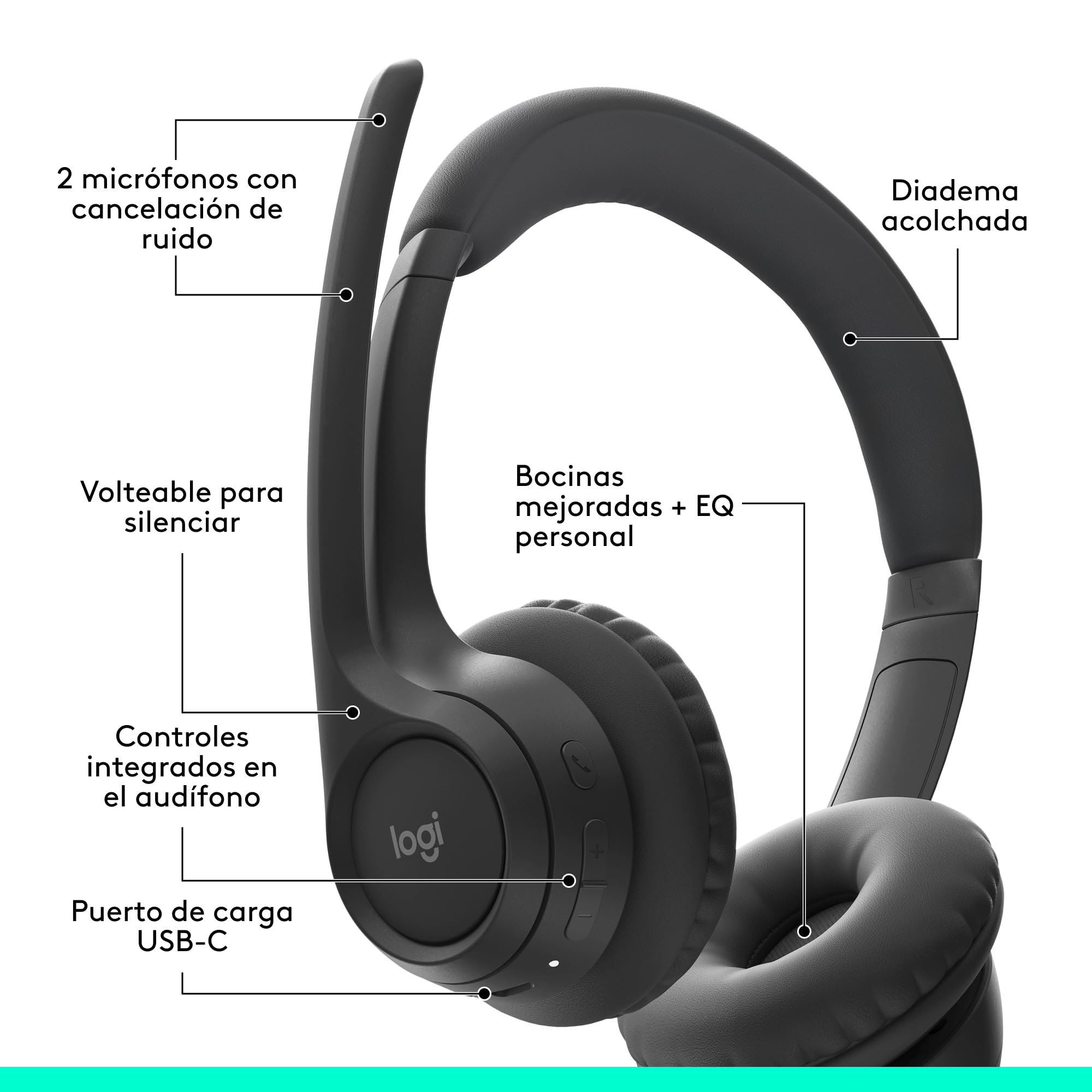 Logitech Zone 300, Auriculares con micrófono Bluetooth inalámbricos con cancelación de Ruido, compatibles con Windows, Mac, Chrome, Linux, iOS, iPadOS, Android – Negro