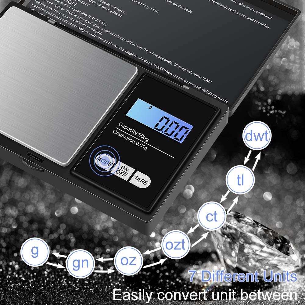 Diyife Báscula Digital de Bolsillo 500g/0,01g, Mini Balanza Cocina Precisión, Báscula Joyería, Portátil Báscula Electrónica Pantalla LCD, Función Tara, para Cocina,Té,Levadura,Café(Baterías Incluidas)